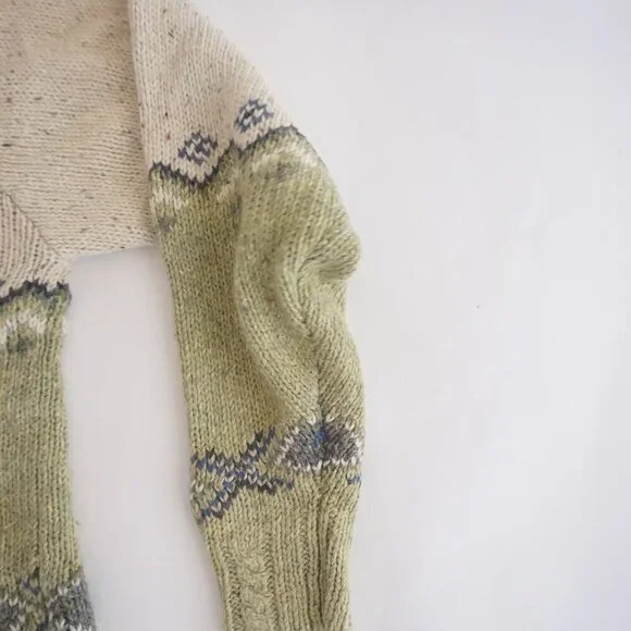 Vintage St Johns Bay Green Cream Fair Isle Snowflake Nordics Wool Knit Sweater L - Picture 4 of 10